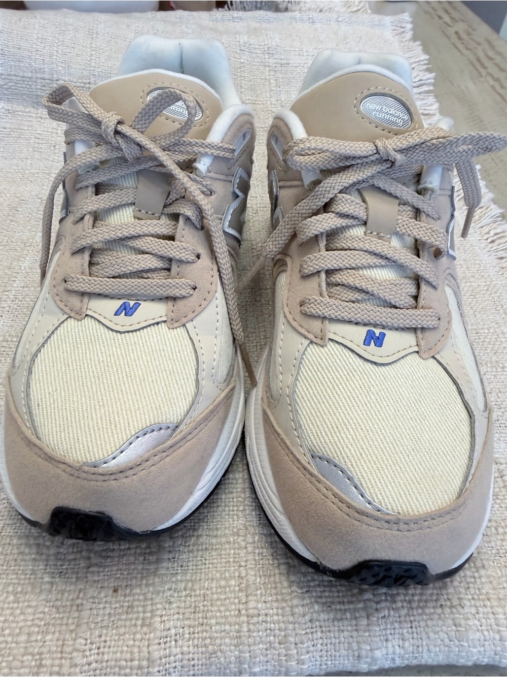 New Balance Kids Neutral Beige/Tan Sneakers with Blue N Logo